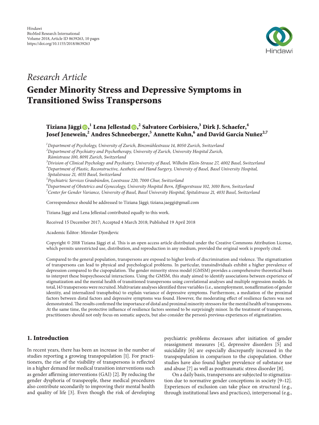 Research Article Gender Minority Stress and Depressive Symptoms in Transitioned Swiss Transpersons