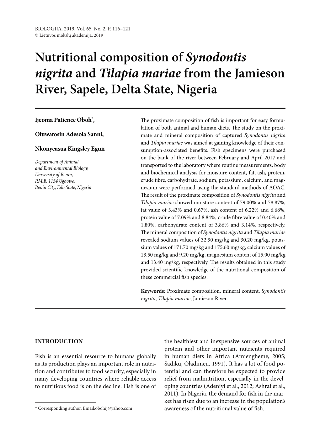 Nutritional Composition of Synodontis Nigrita and Tilapia Mariae from the Jamieson River, Sapele, Delta State, Nigeria