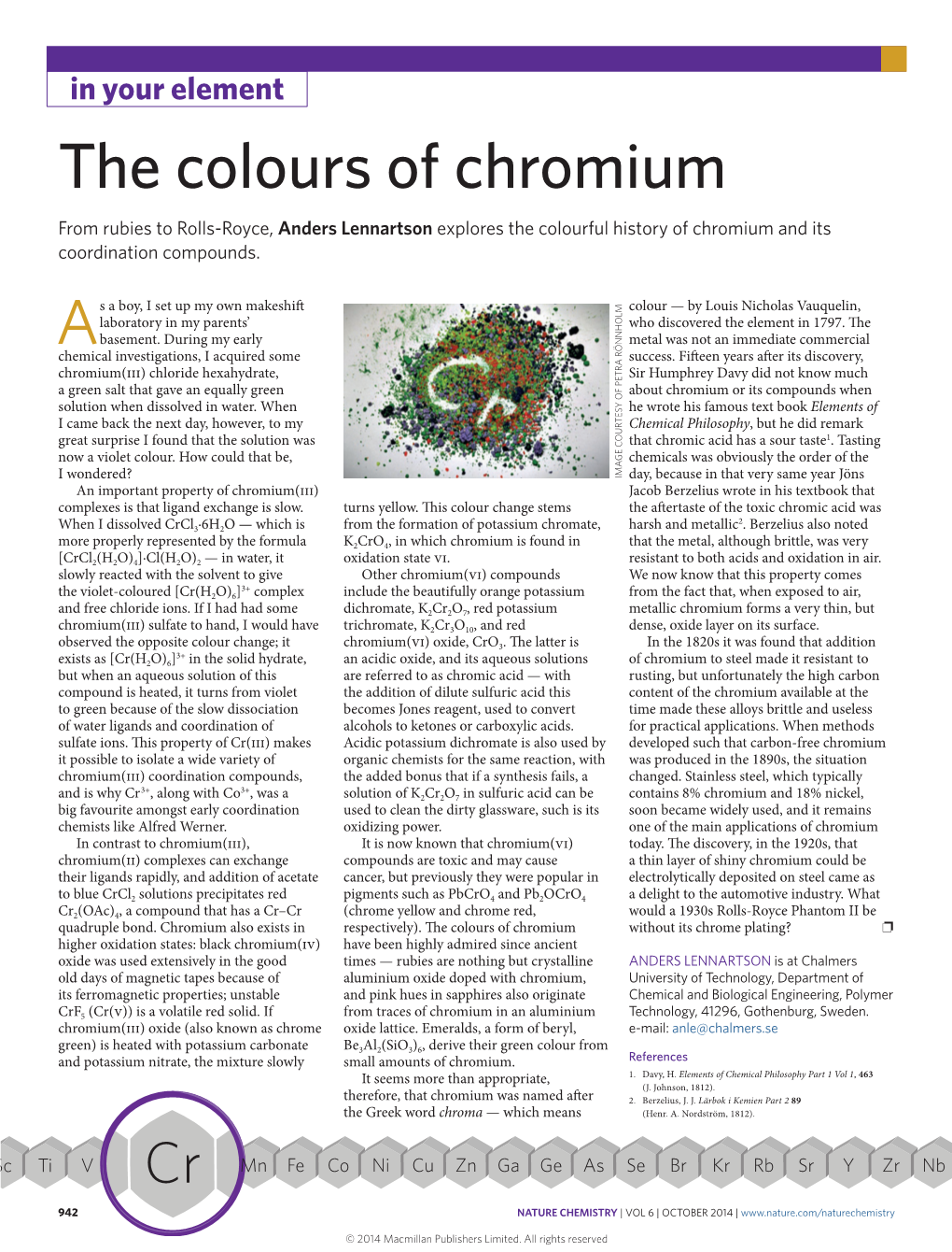 The Colours of Chromium from Rubies to Rolls-Royce, Anders Lennartson Explores the Colourful History of Chromium and Its Coordination Compounds