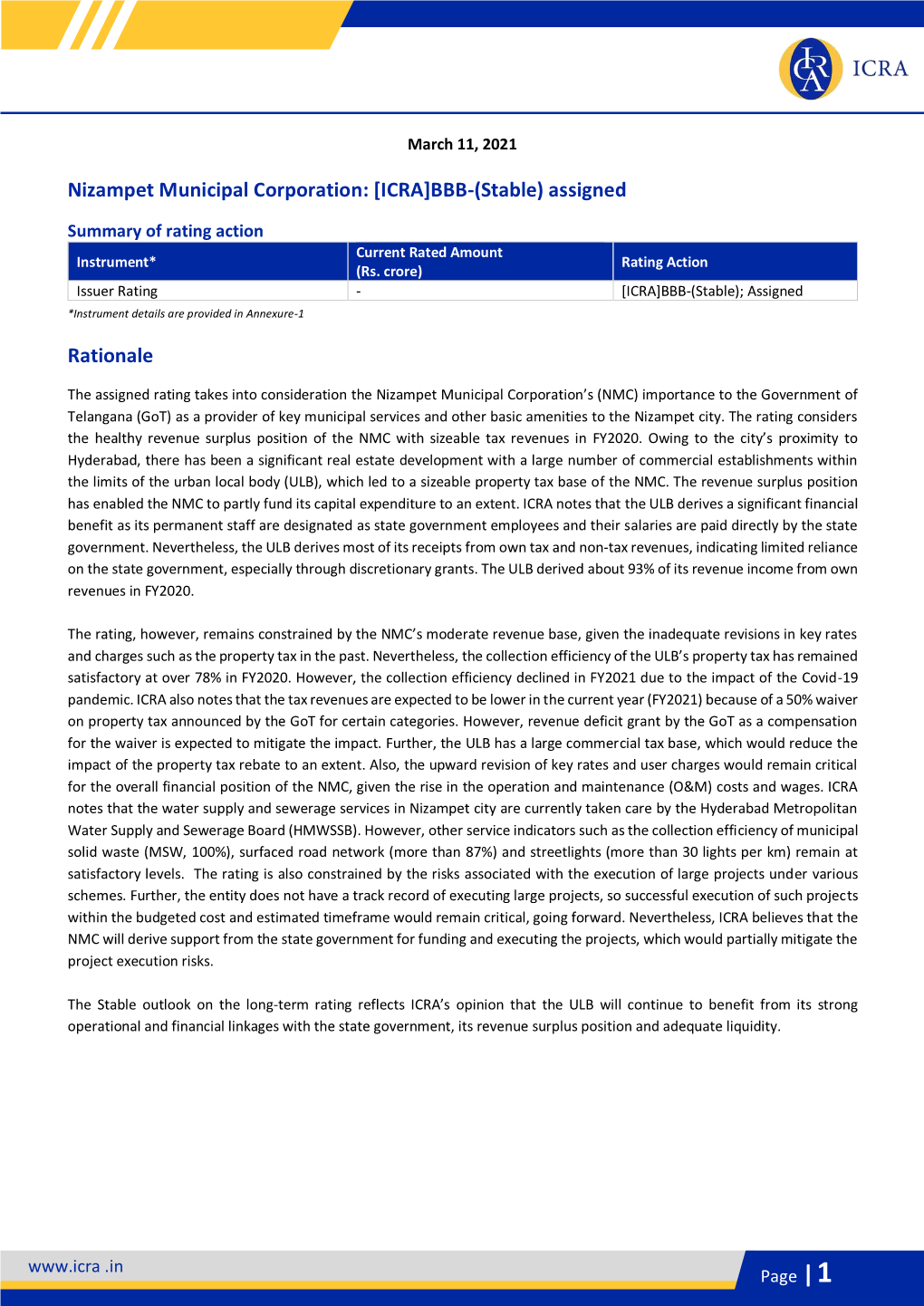 Nizampet Municipal Corporation: [ICRA]BBB-(Stable) Assigned