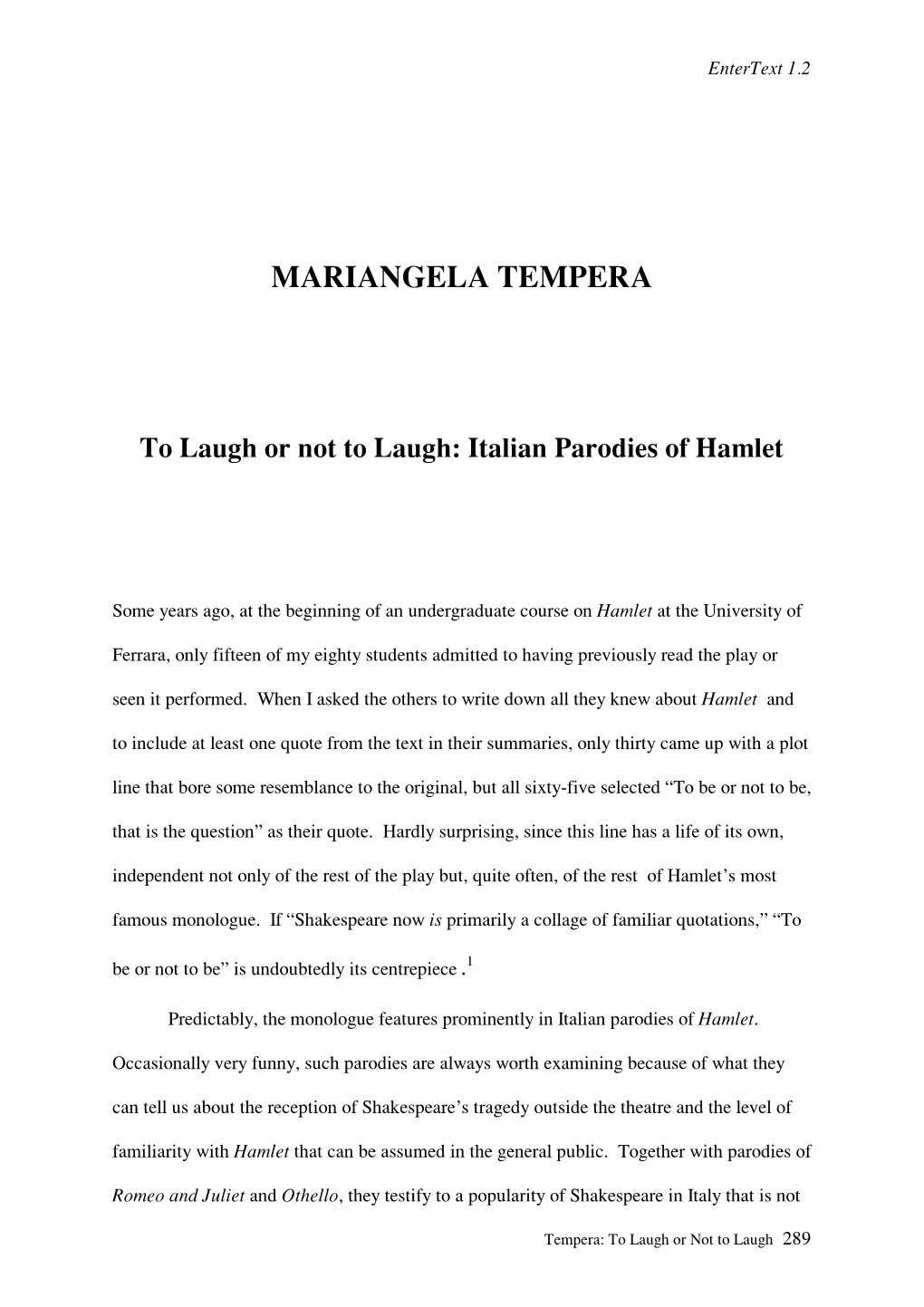 MARIANGELA TEMPERA to Laugh Or Not to Laugh: Italian Parodies Of