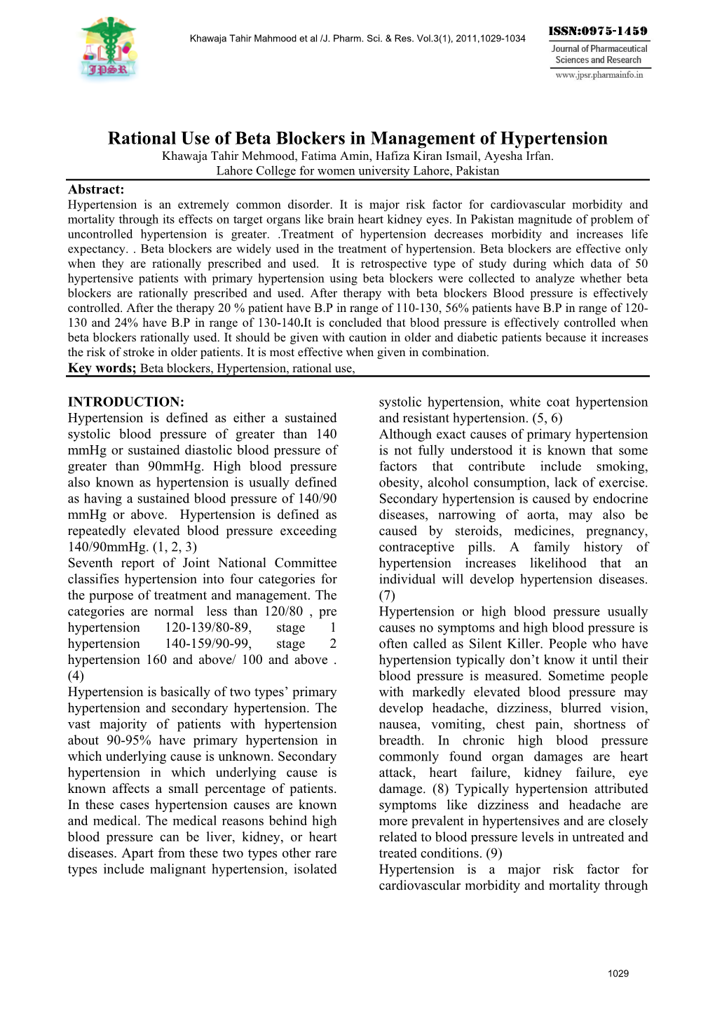 Rational Use of Beta Blockers in Management of Hypertension Khawaja Tahir Mehmood, Fatima Amin, Hafiza Kiran Ismail, Ayesha Irfan