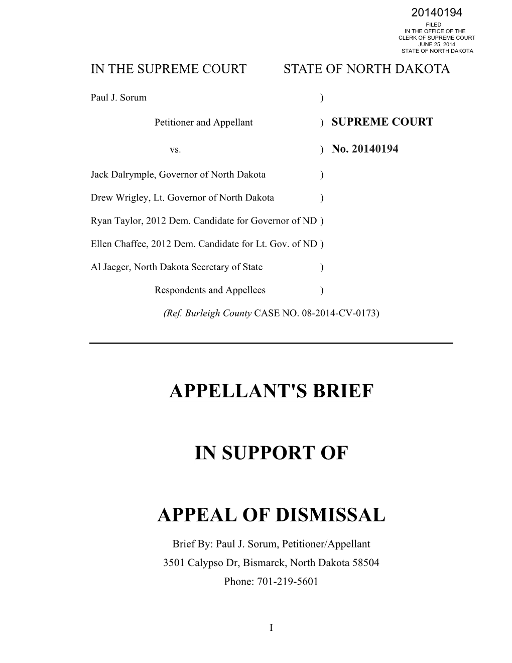 Appellant's Brief in Support of Appeal of Dismissal