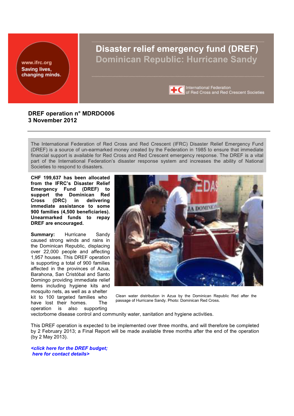 Disaster Relief Emergency Fund (DREF) Dominican Republic: Hurricane Sandy