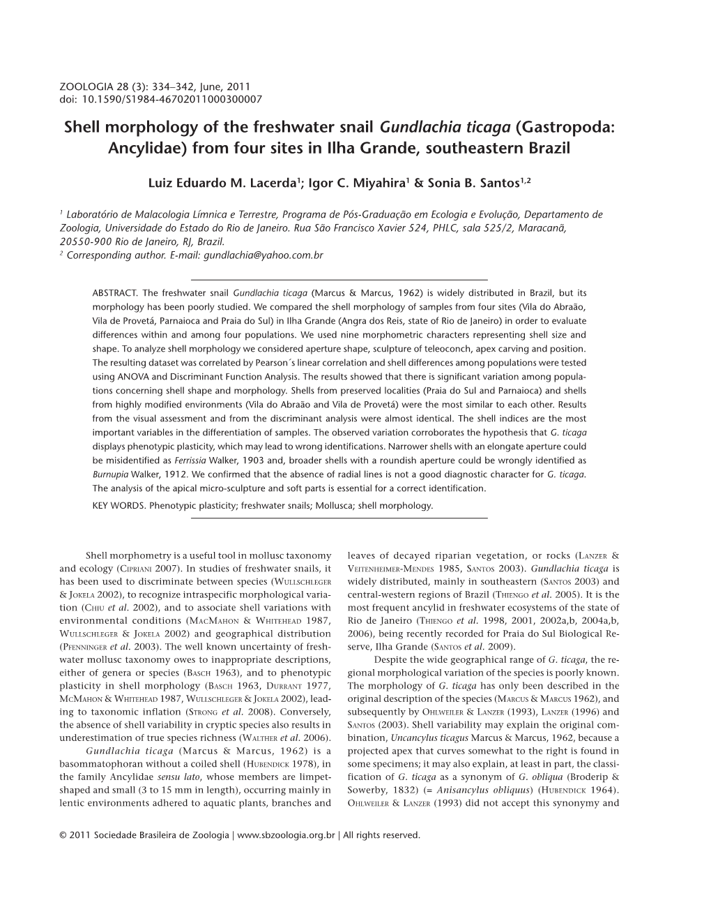 Shell Morphology of the Freshwater Snail Gundlachia Ticaga (Gastropoda: Ancylidae) from Four Sites in Ilha Grande, Southeastern Brazil