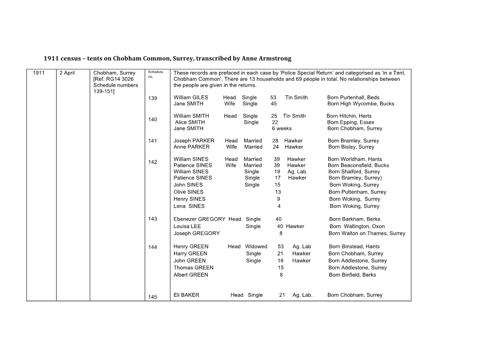 1911 Census – Tents on Chobham Common, Surrey, Transcribed by Anne Armstrong