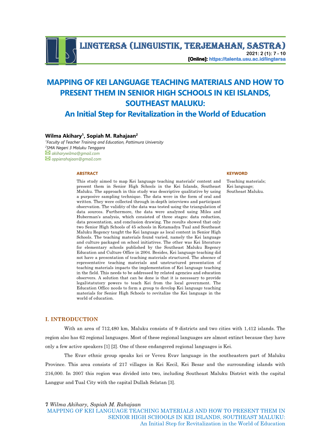 LINGTERSA (Linguistik, Terjemahan, Sastra) 2021: 2 (1): 7 - 10 [Online]