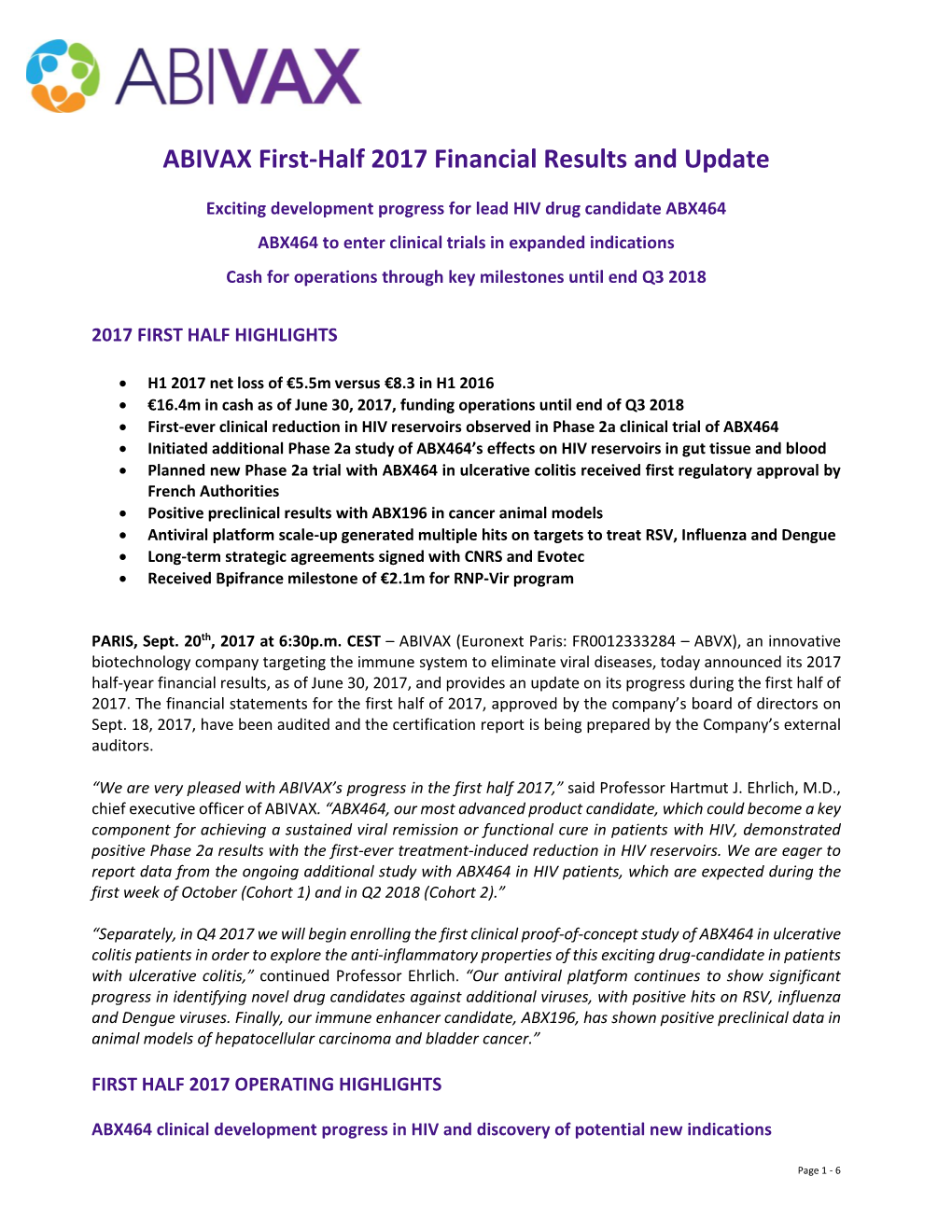 ABIVAX First-Half 2017 Financial Results and Update