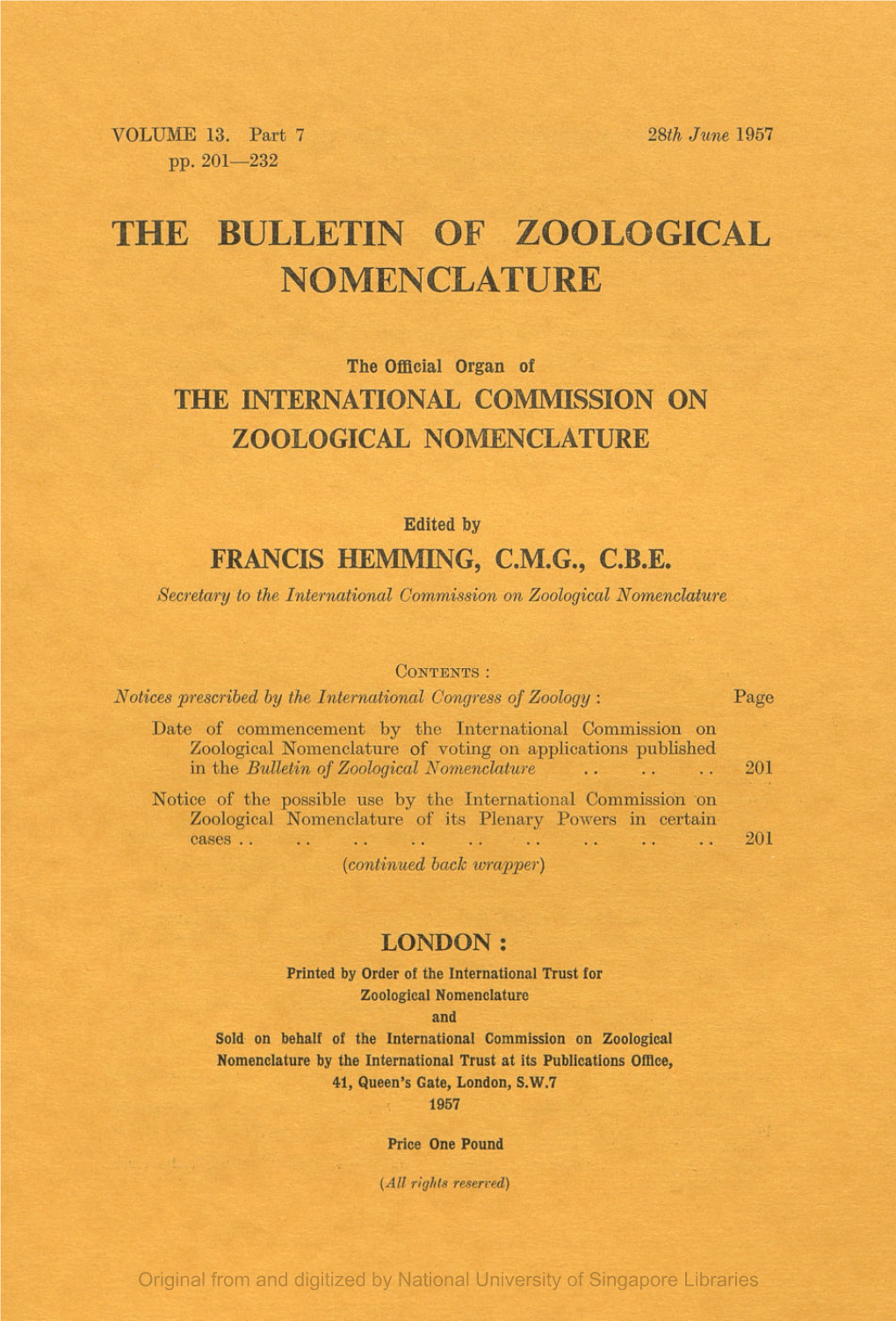 The Bulletin of Zoological Nomenclature. Vol 13, Part 7