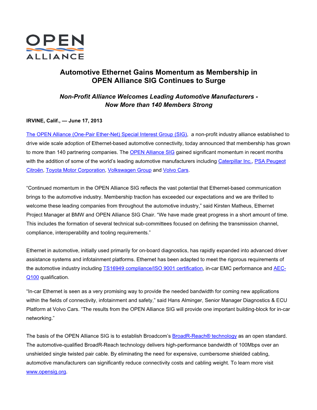 Automotive Ethernet Gains Momentum As Membership in OPEN Alliance SIG Continues to Surge