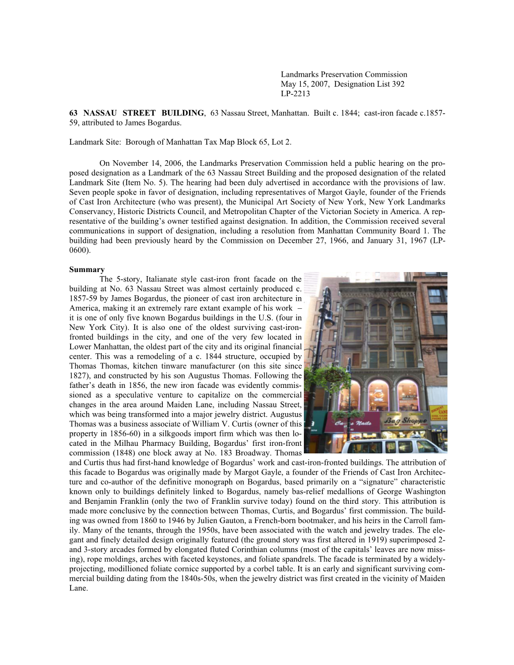 Landmarks Preservation Commission May 15, 2007, Designation List 392 LP-2213