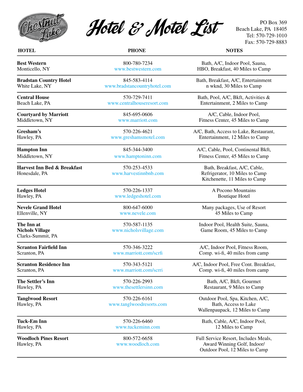 Hotel & Motel List