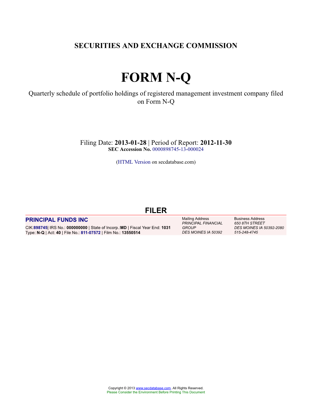 FUNDS INC Form NQ Filed 2013-01-28