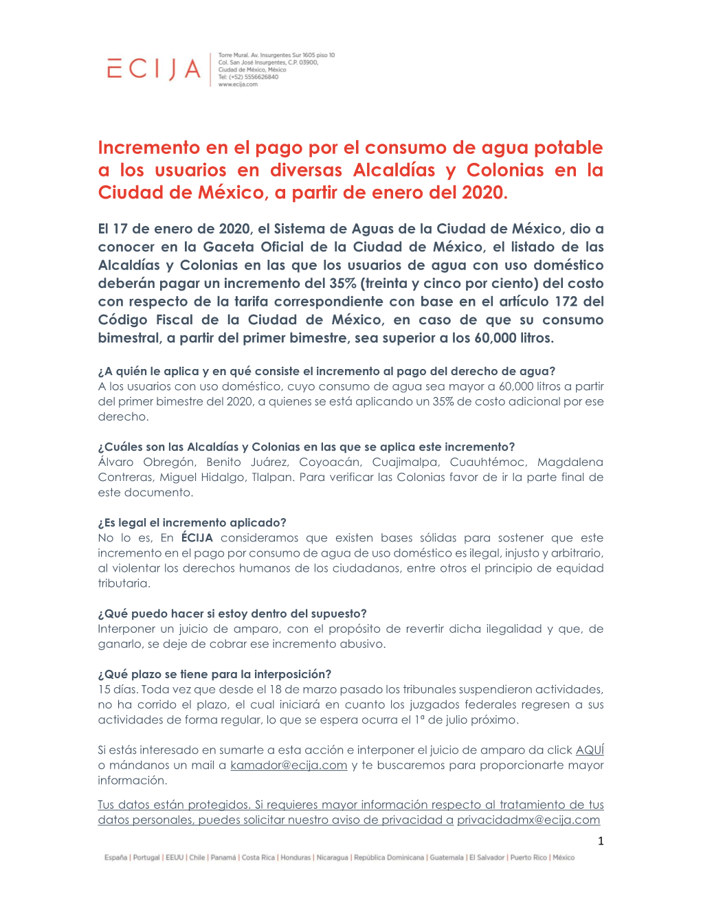 Incremento En El Pago Por El Consumo De Agua Potable a Los Usuarios En Diversas Alcaldías Y Colonias En La Ciudad De México, a Partir De Enero Del 2020