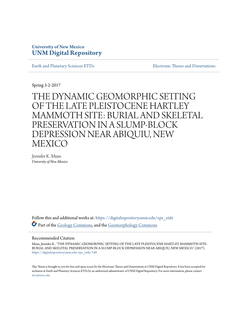 The Dynamic Geomorphic Setting of the Late Pleistocene Hartley Mammoth Site