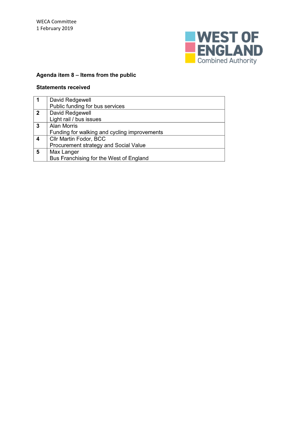 WECA Committee 1 February 2019 Agenda Item 8