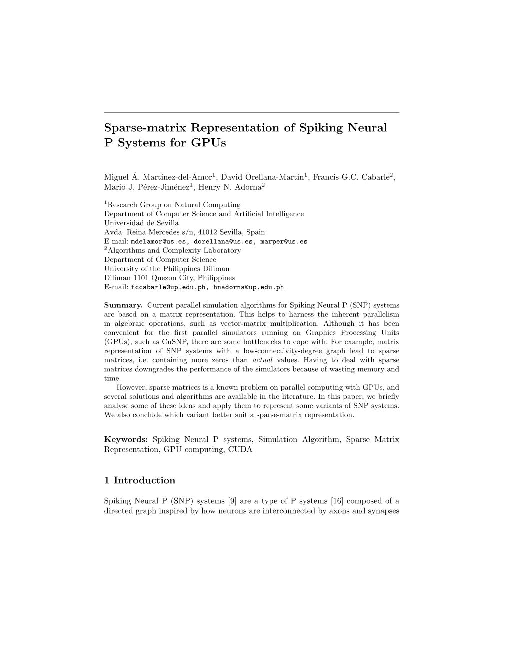 Sparse-Matrix Representation of Spiking Neural P Systems for Gpus