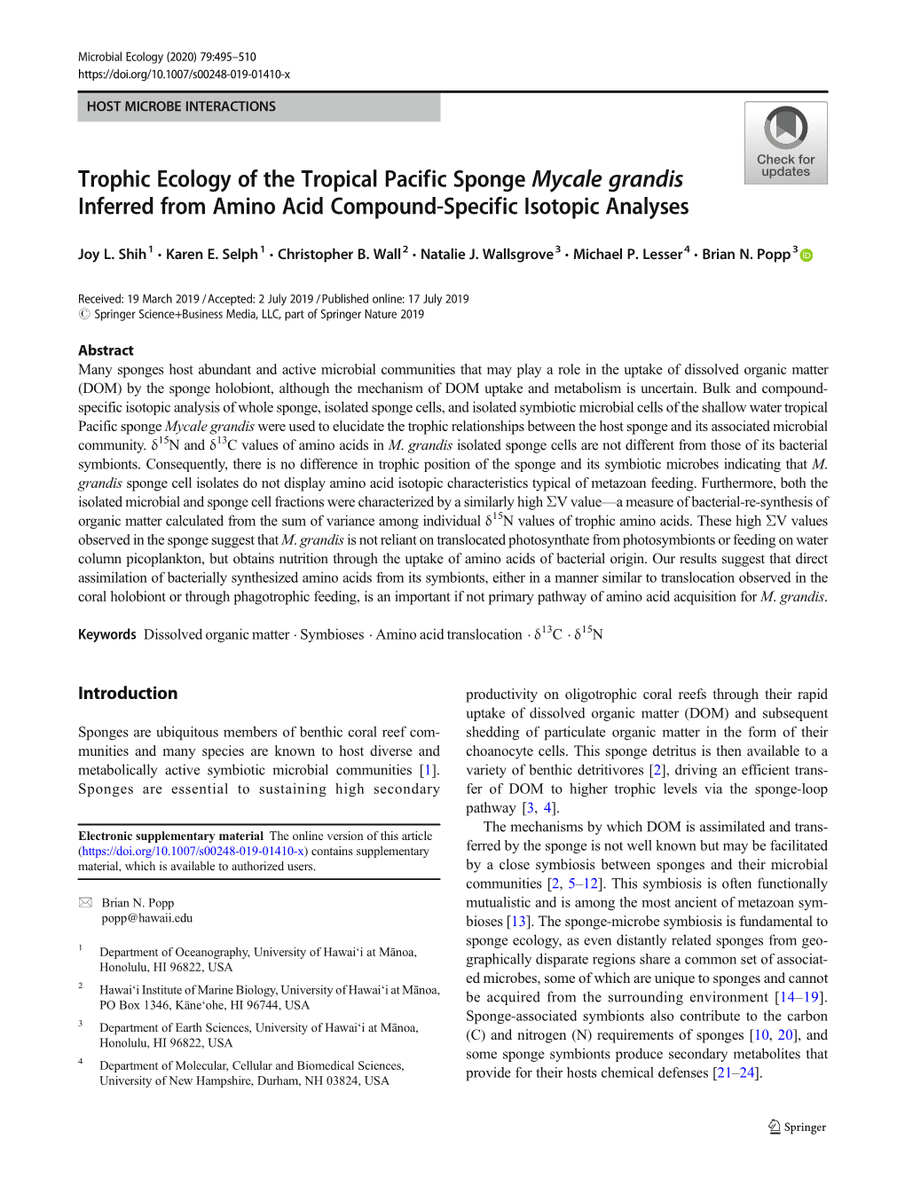 Trophic Ecology of the Tropical Pacific Sponge Mycale Grandis Inferred from Amino Acid Compound-Specific Isotopic Analyses