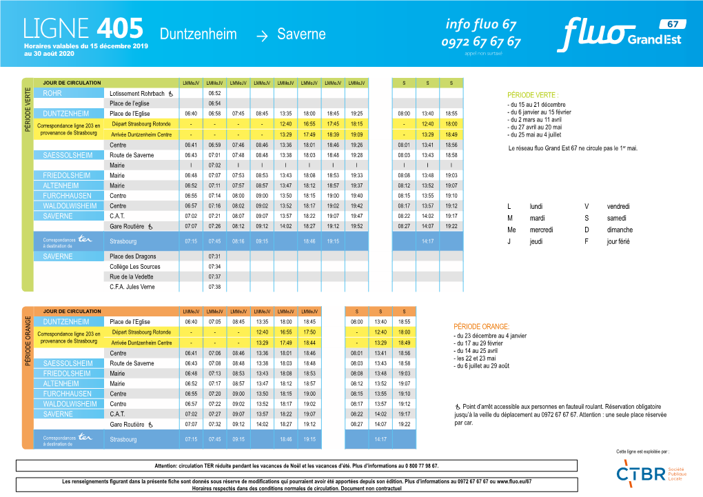 LIGNE 405 Duntzenheim Saverne Horaires Valables Du 15 Décembre 2019 0972 67 67 67 Au 30 Août 2020 Appel Non Surtaxé