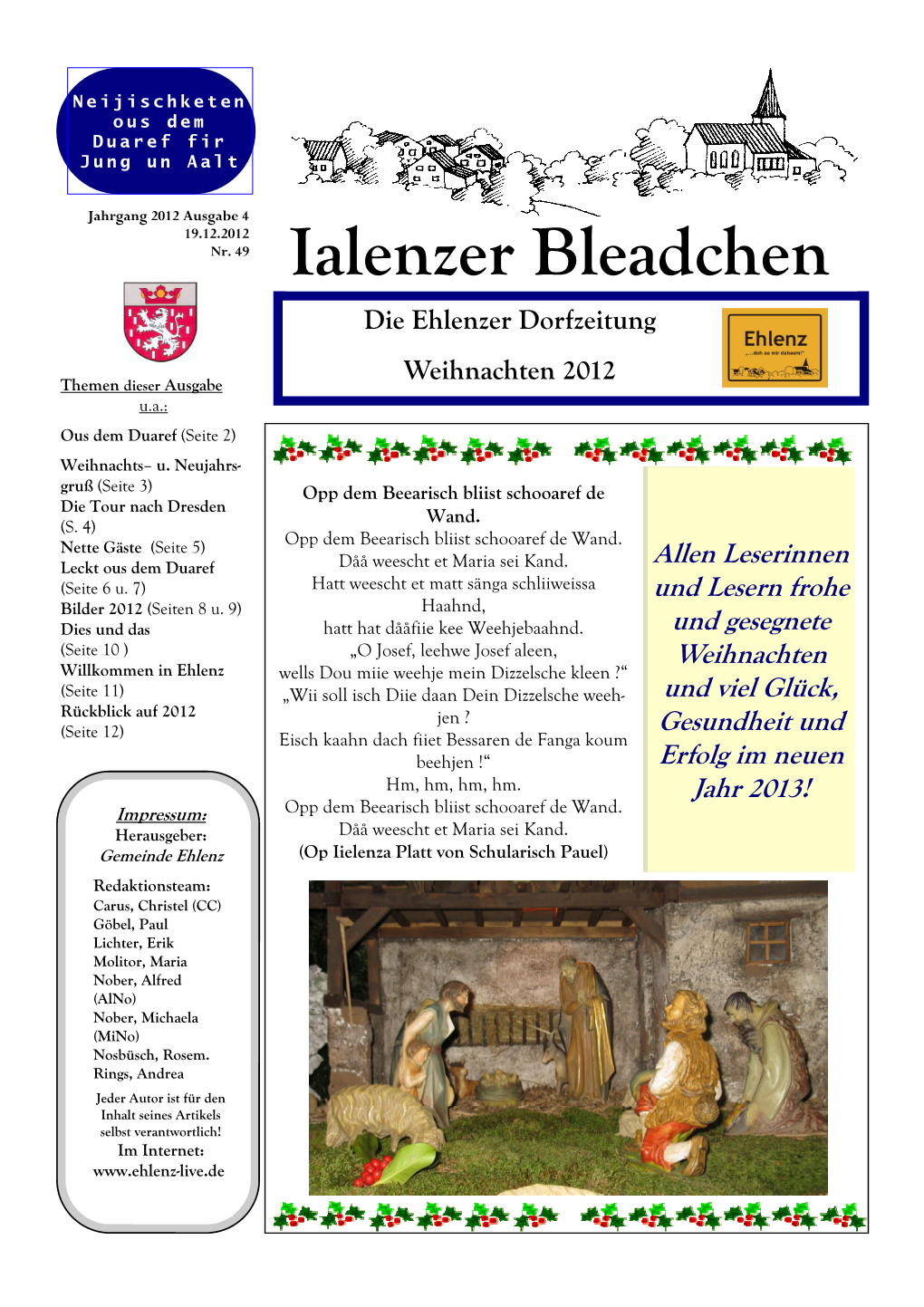 Ialenzer Bleadchen Die Ehlenzer Dorfzeitung Weihnachten 2012 Themen Dieser Ausgabe U.A