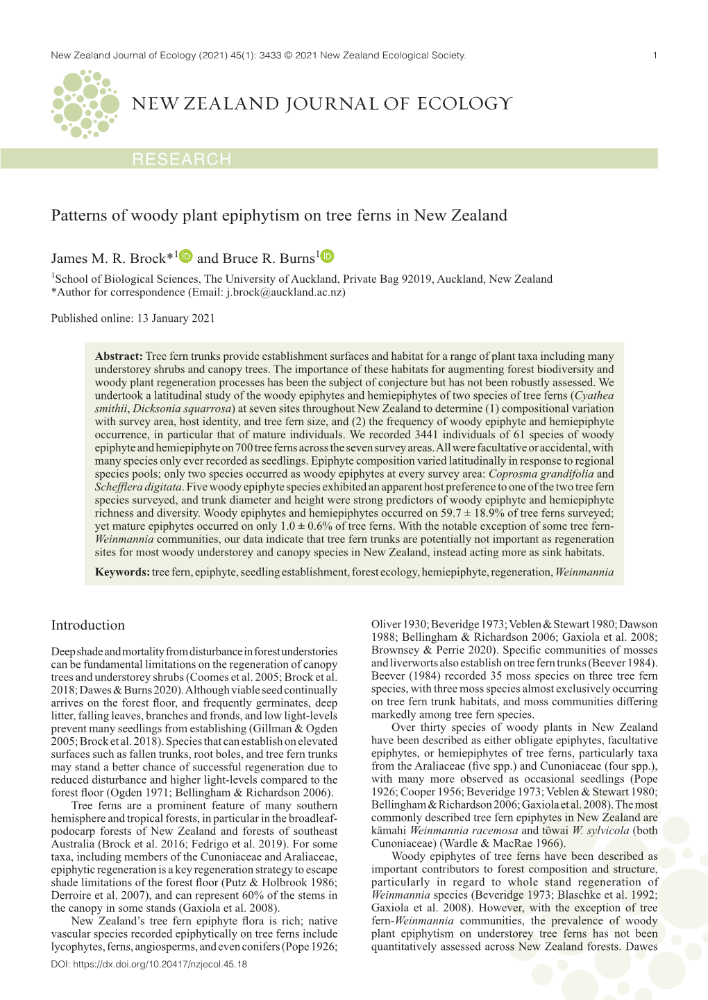 RESEARCH Patterns of Woody Plant Epiphytism on Tree Ferns in New