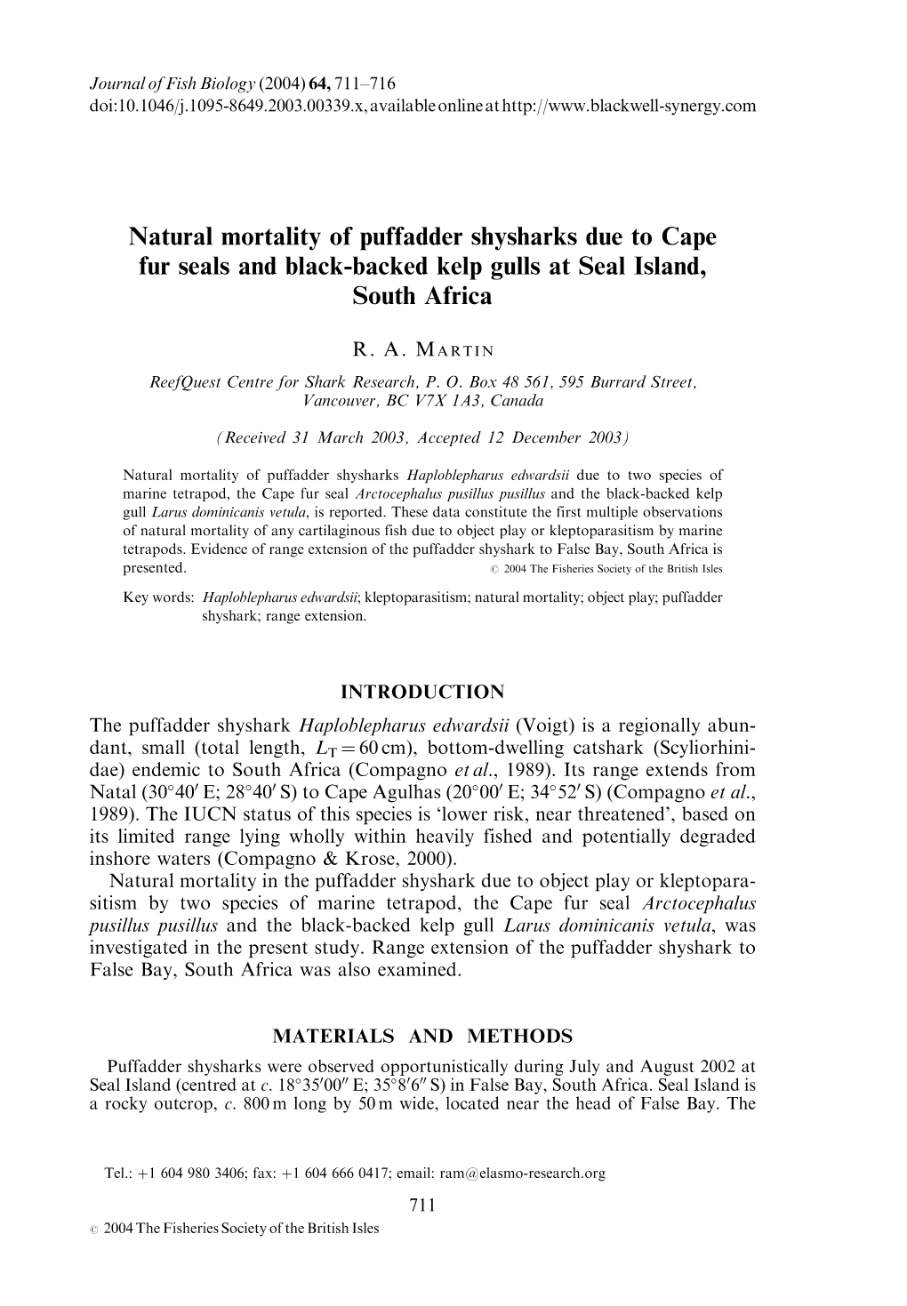 Natural Mortality of Puffadder Shysharks Due to Cape Fur Seals and Black-Backed Kelp Gulls at Seal Island, South Africa