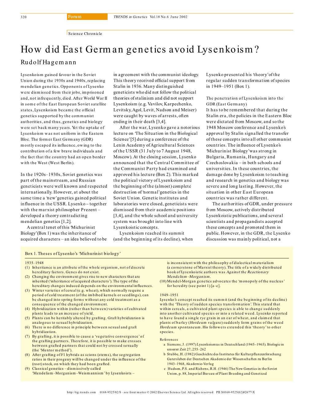 How Did East German Genetics Avoid Lysenkoism? Rudolf Hagemann