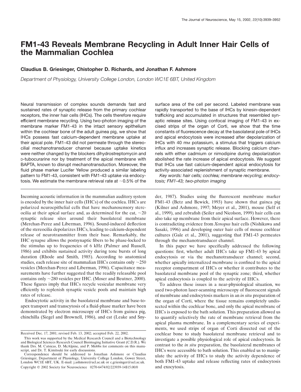 FM1-43 Reveals Membrane Recycling in Adult Inner Hair Cells of the Mammalian Cochlea