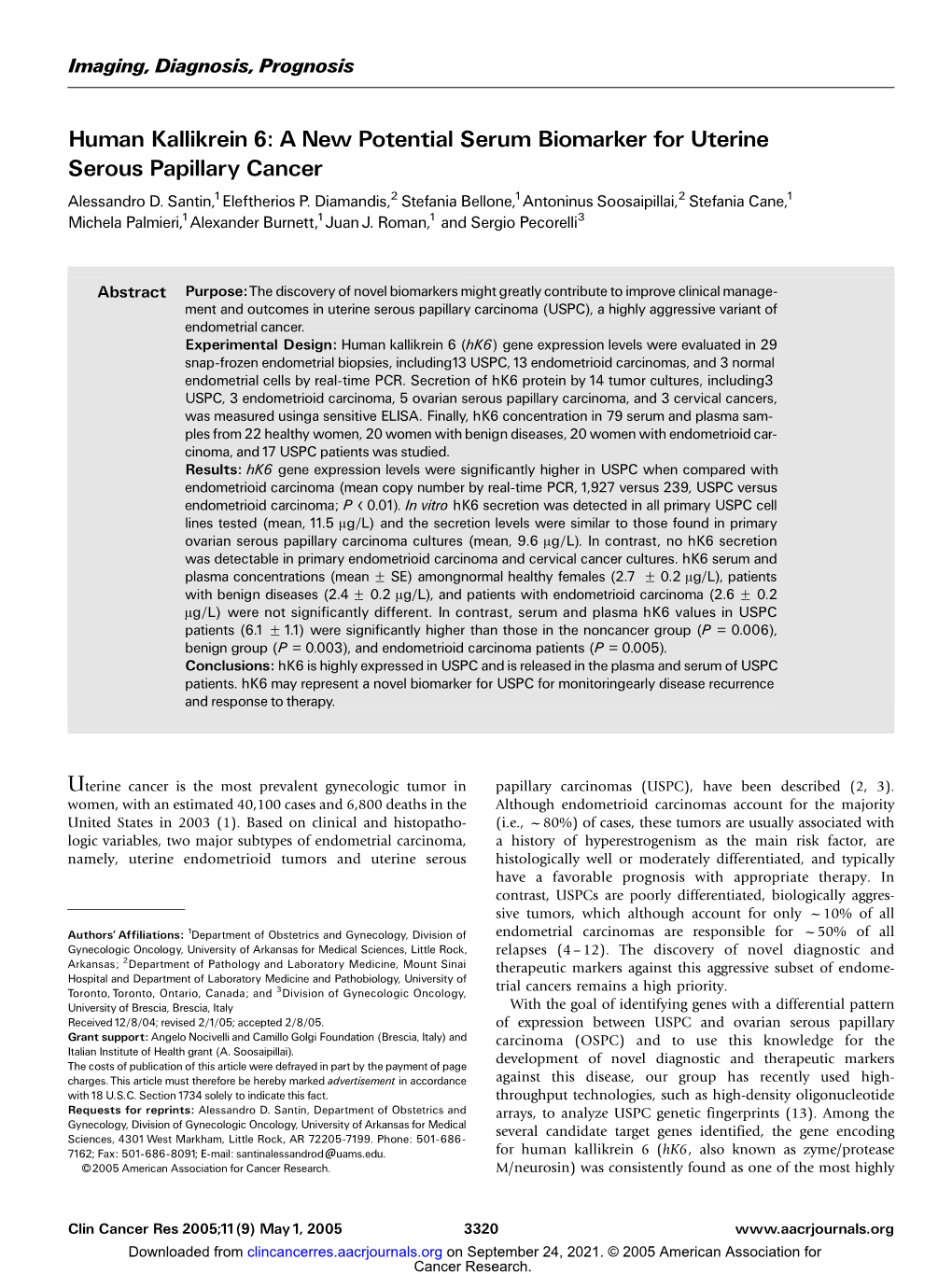 A New Potential Serum Biomarker for Uterine Serous Papillary Cancer