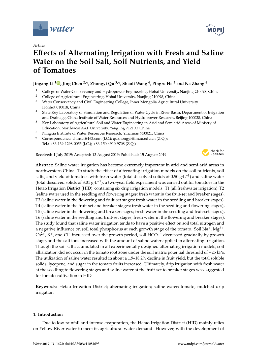 Effects of Alternating Irrigation with Fresh and Saline Water on the Soil