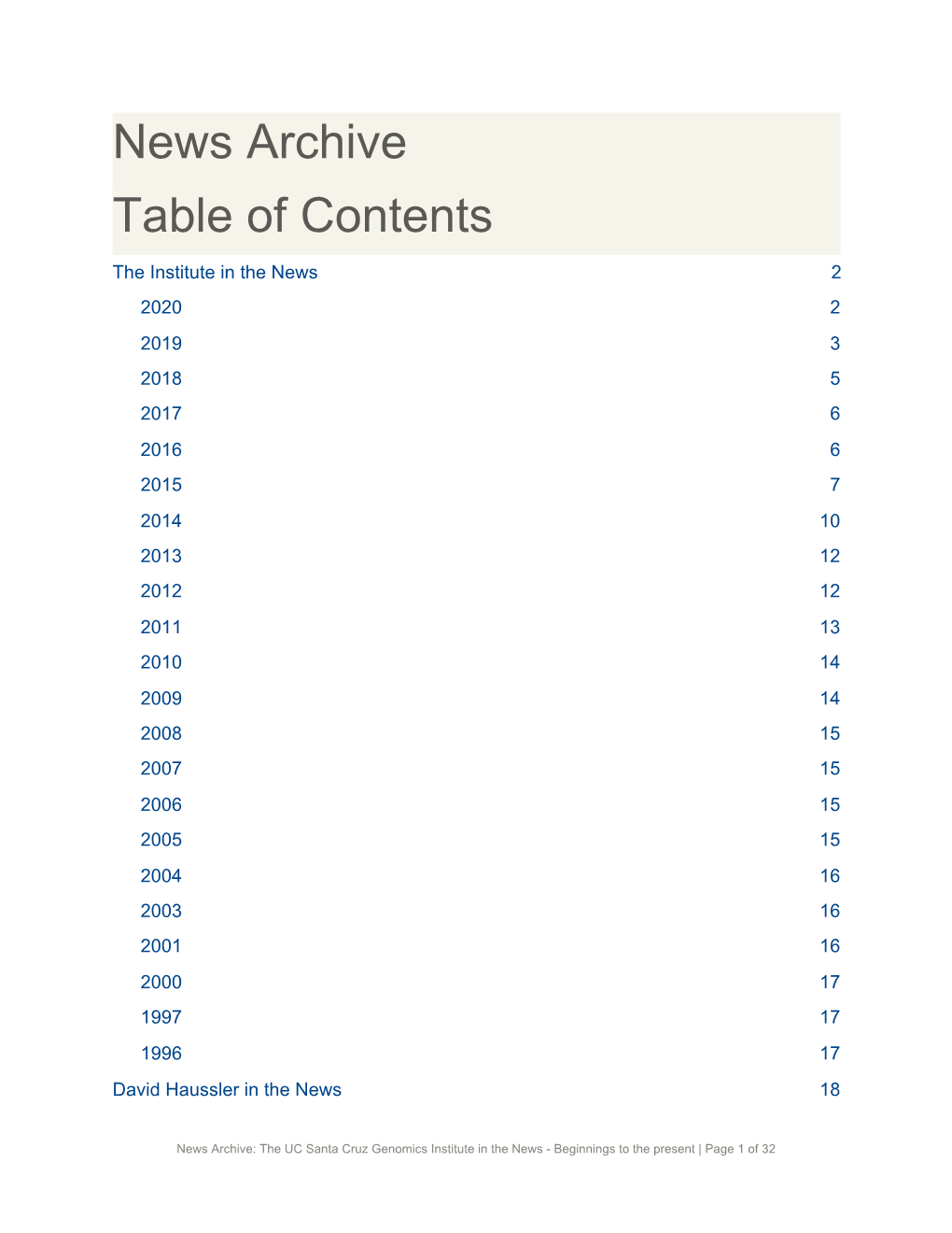 News Archive Table of Contents