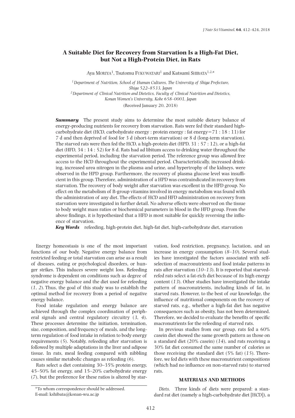 A Suitable Diet for Recovery from Starvation Is a High-Fat Diet, but Not a High-Protein Diet, in Rats