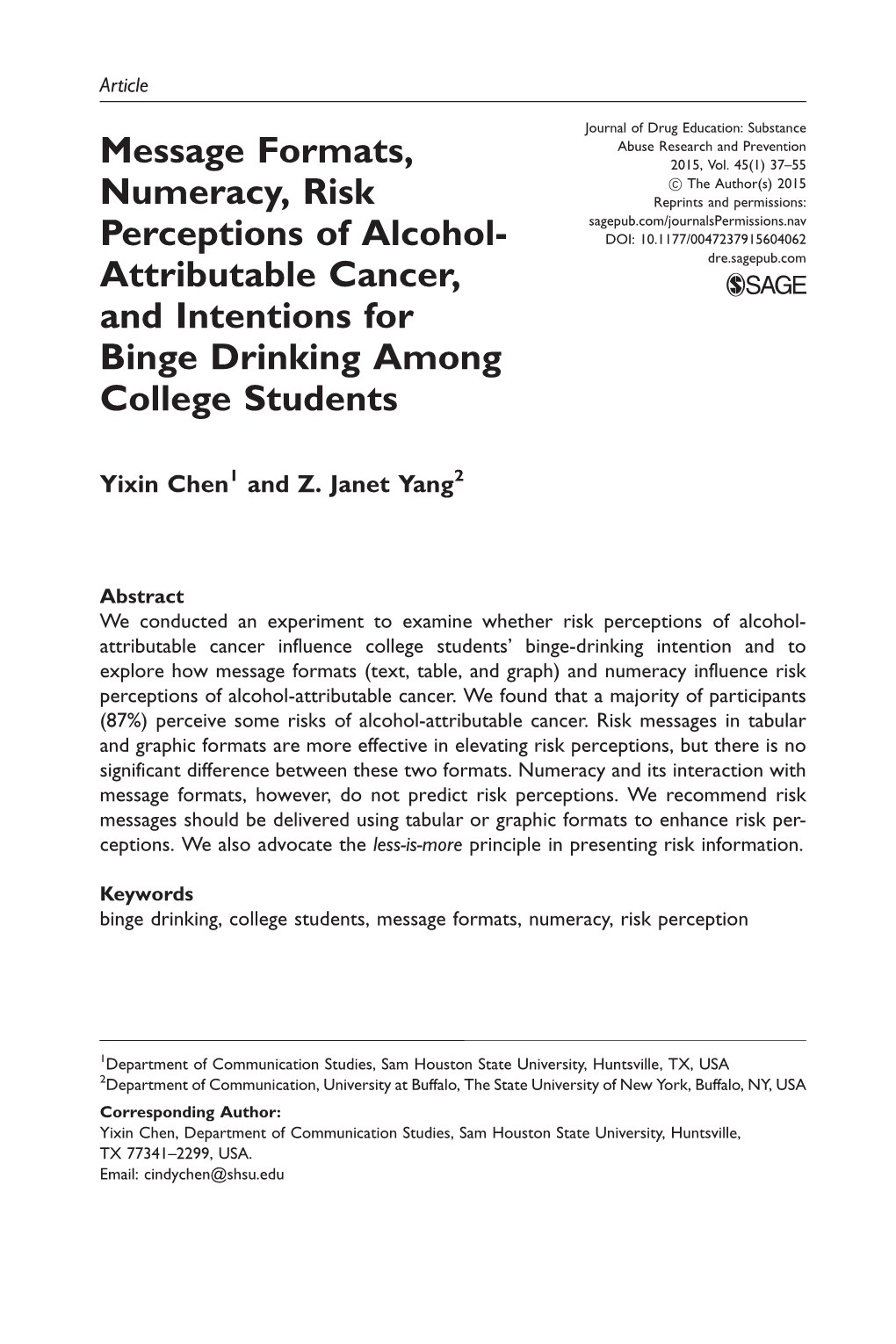 Message Formats, Numeracy, Risk Perceptions of Alcohol- Attributable