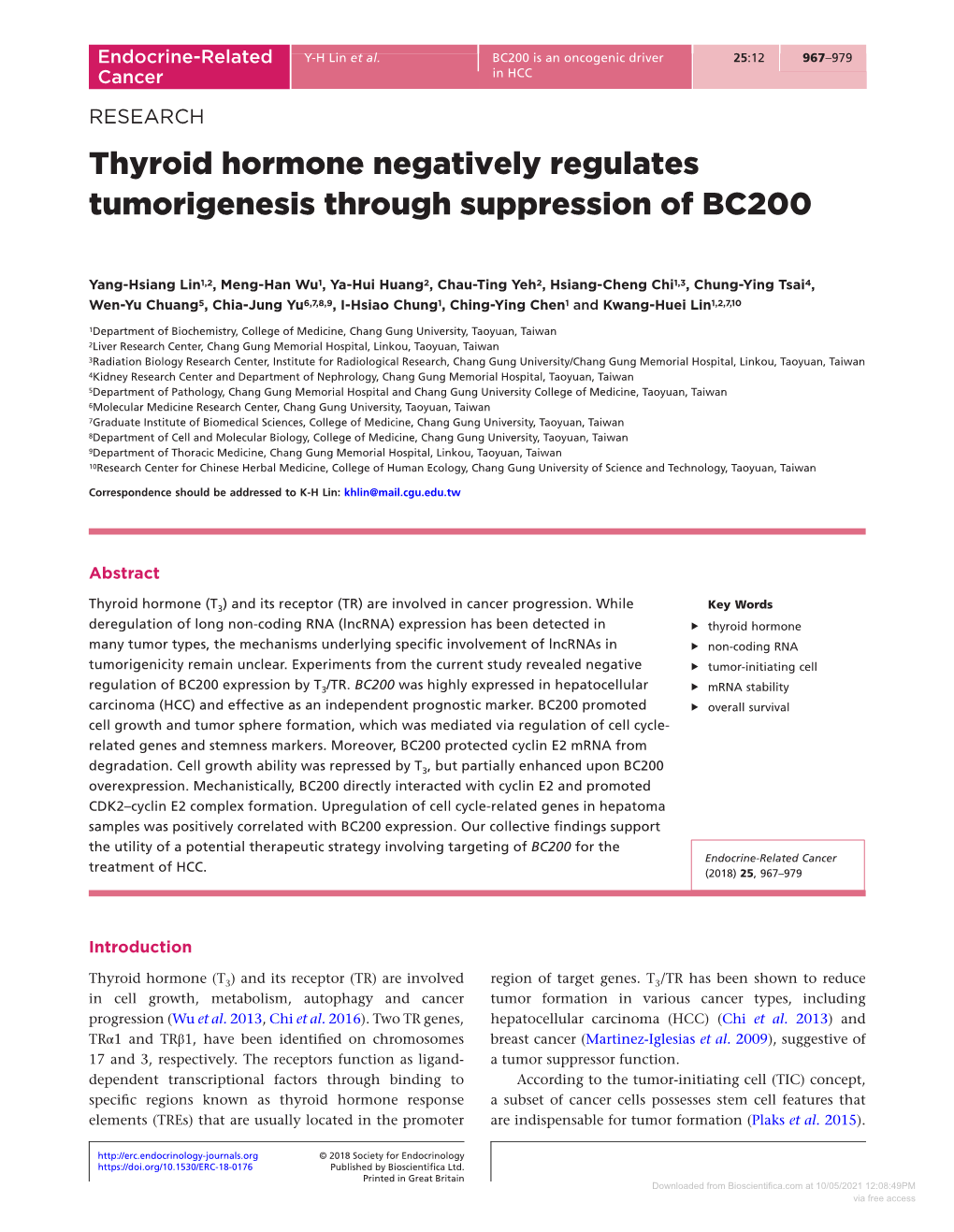 Thyroid Hormone Negatively Regulates Tumorigenesis Through Suppression of BC200