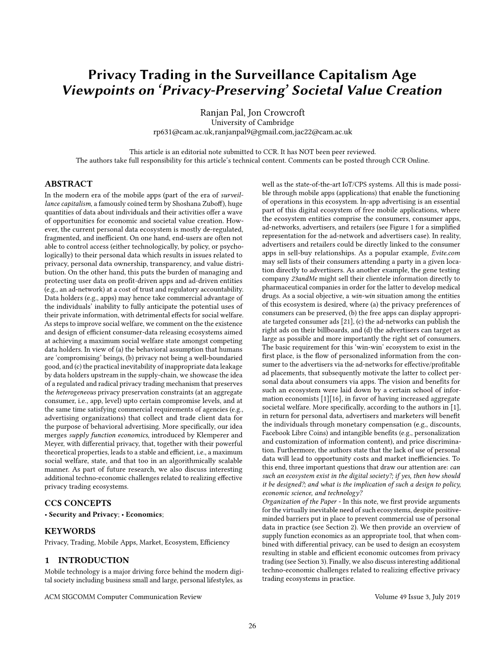 Privacy Trading in the Surveillance Capitalism Age Viewpoints on ‘Privacy-Preserving’ Societal Value Creation