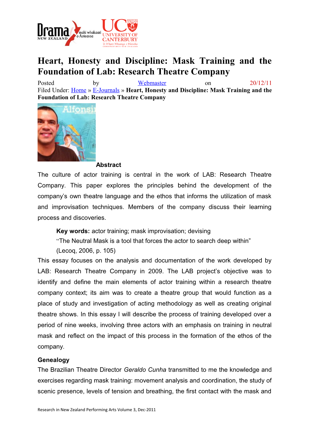 Heart, Honesty and Discipline: Mask Training and the Foundation of Lab: Research Theatre