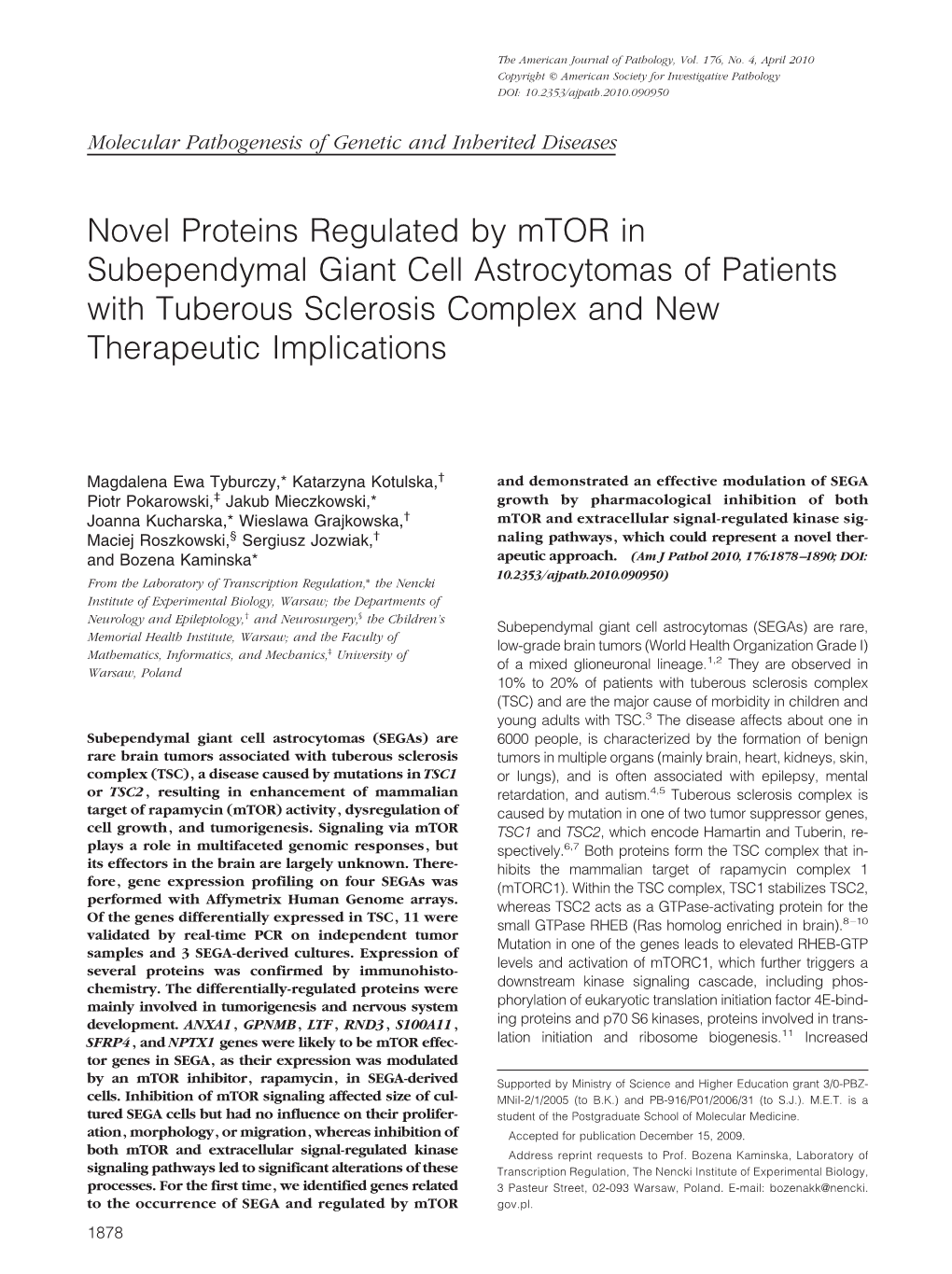 Novel Proteins Regulated by Mtor in Subependymal Giant Cell Astrocytomas of Patients with Tuberous Sclerosis Complex and New Therapeutic Implications
