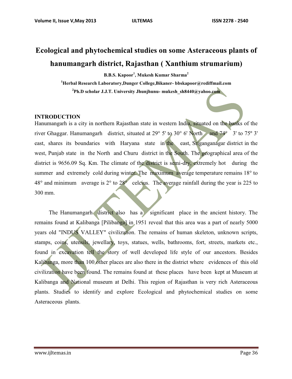 Ecological and Phytochemical Studies on Some Asteraceous Plants of Hanumangarh District, Rajasthan ( Xanthium Strumarium)