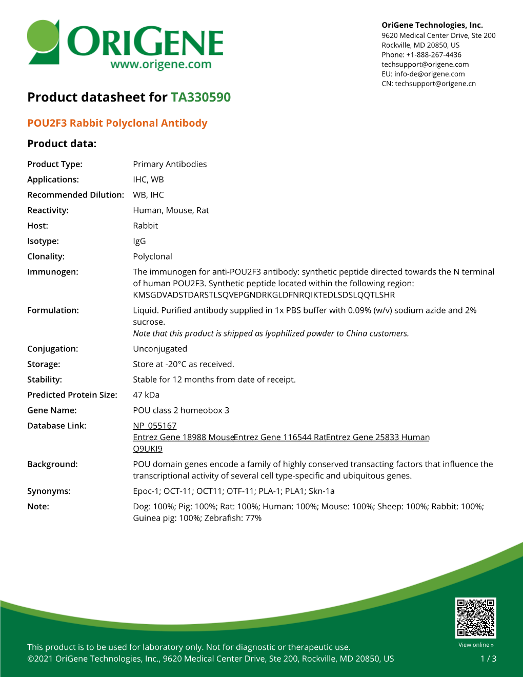 POU2F3 Rabbit Polyclonal Antibody – TA330590 | Origene