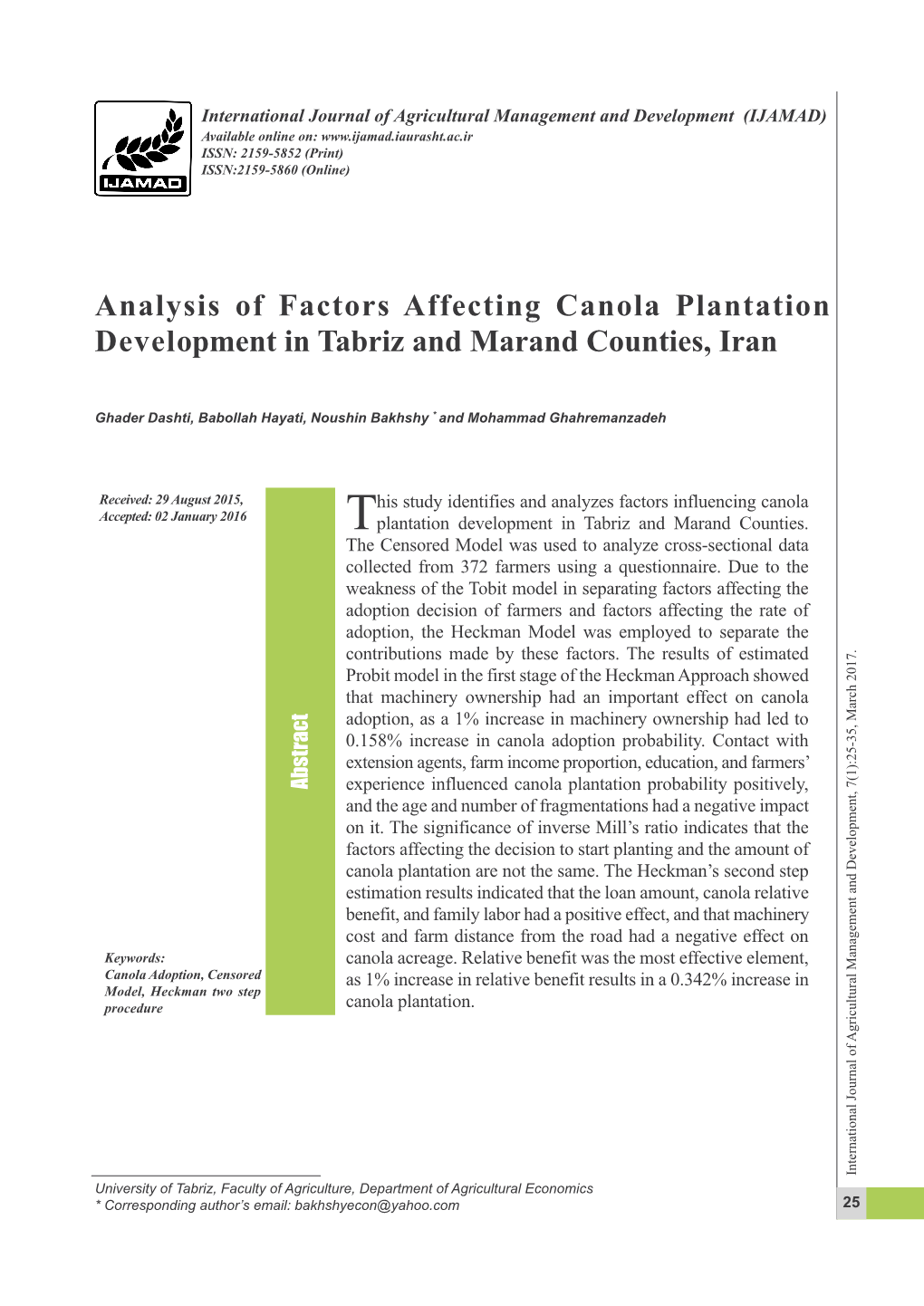 Analysis of Factors Affecting Canola Plantation Development in Tabriz