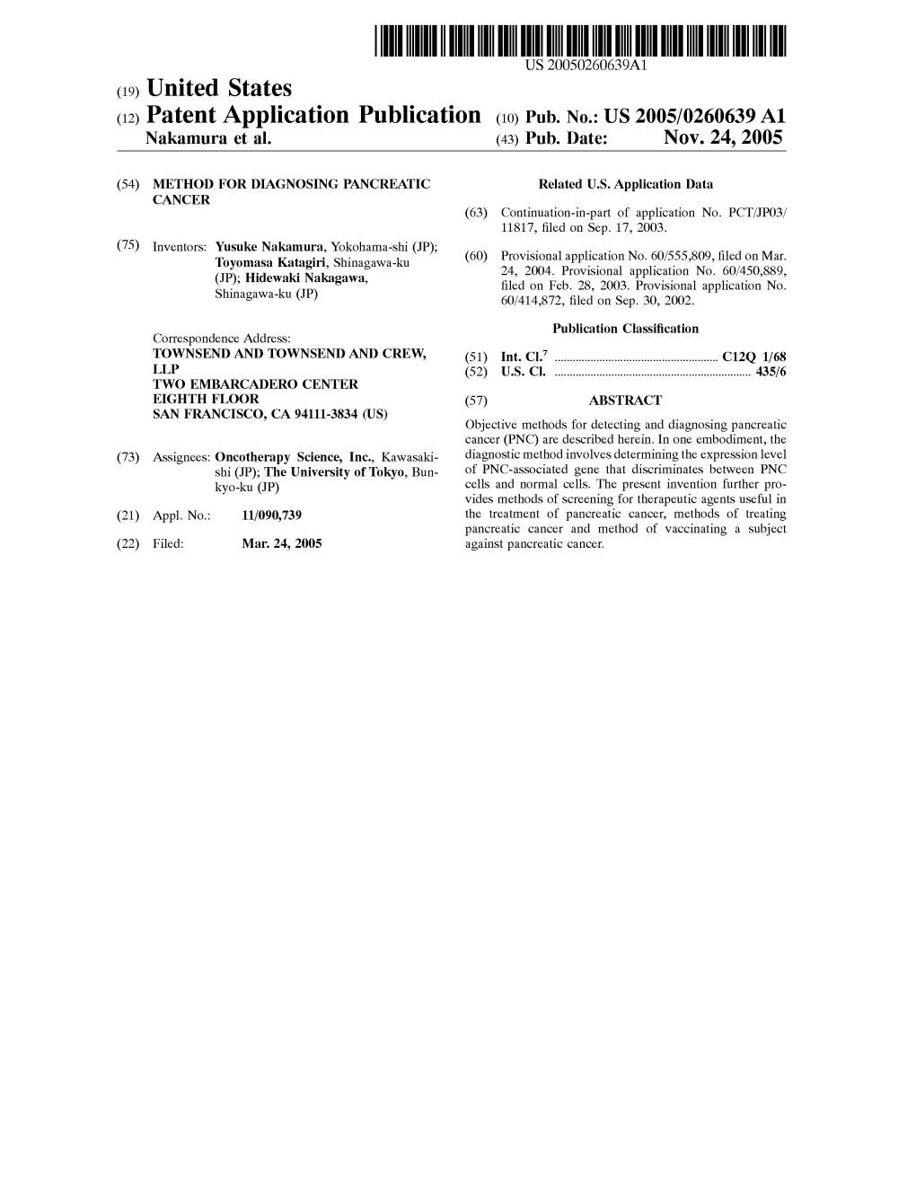 (12) Patent Application Publication (10) Pub. No.: US 2005/0260639 A1 Nakamura Et Al