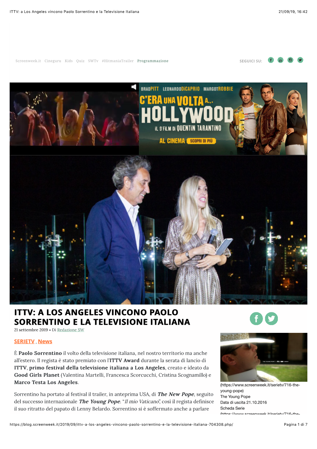 A Los Angeles Vincono Paolo Sorrentino E La Televisione Italiana 21/09/19, 16�42