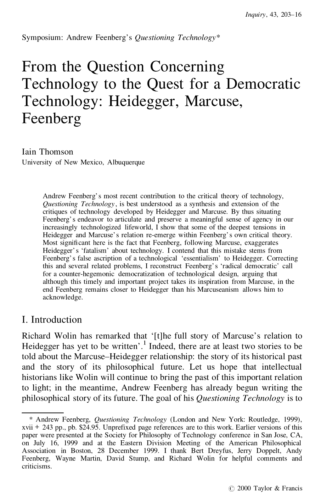 Heidegger, Marcuse, Feenberg