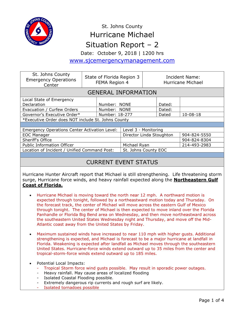 Hurricane Michael Situation Report – 2 Date: October 9, 2018 | 1200 Hrs