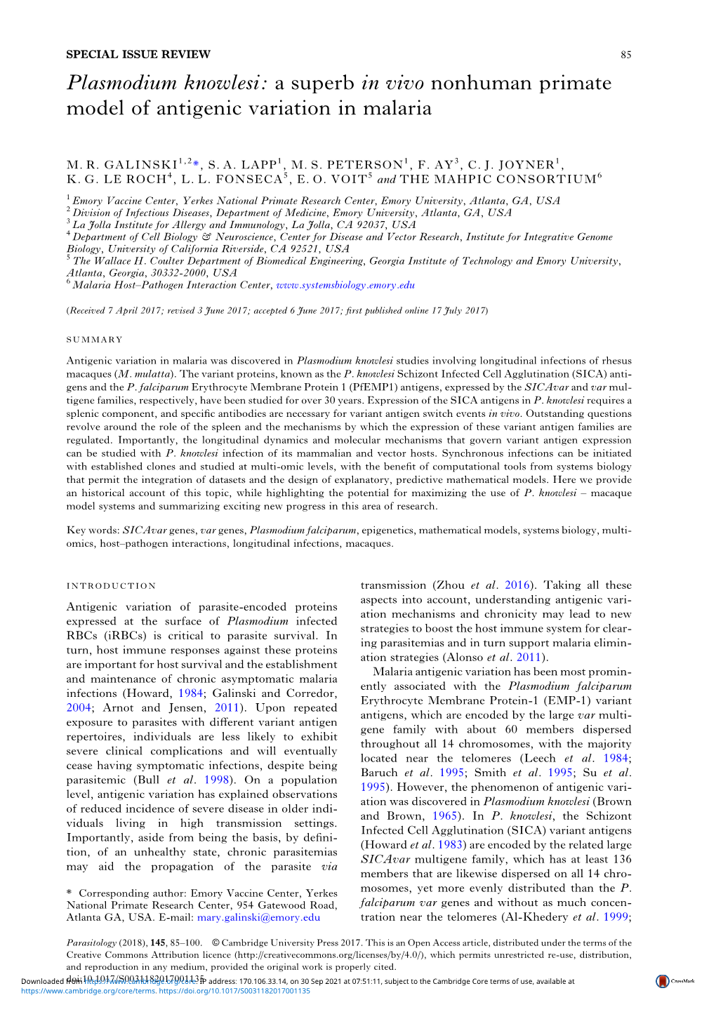 Plasmodium Knowlesi: a Superb in Vivo Nonhuman Primate Model of Antigenic Variation in Malaria