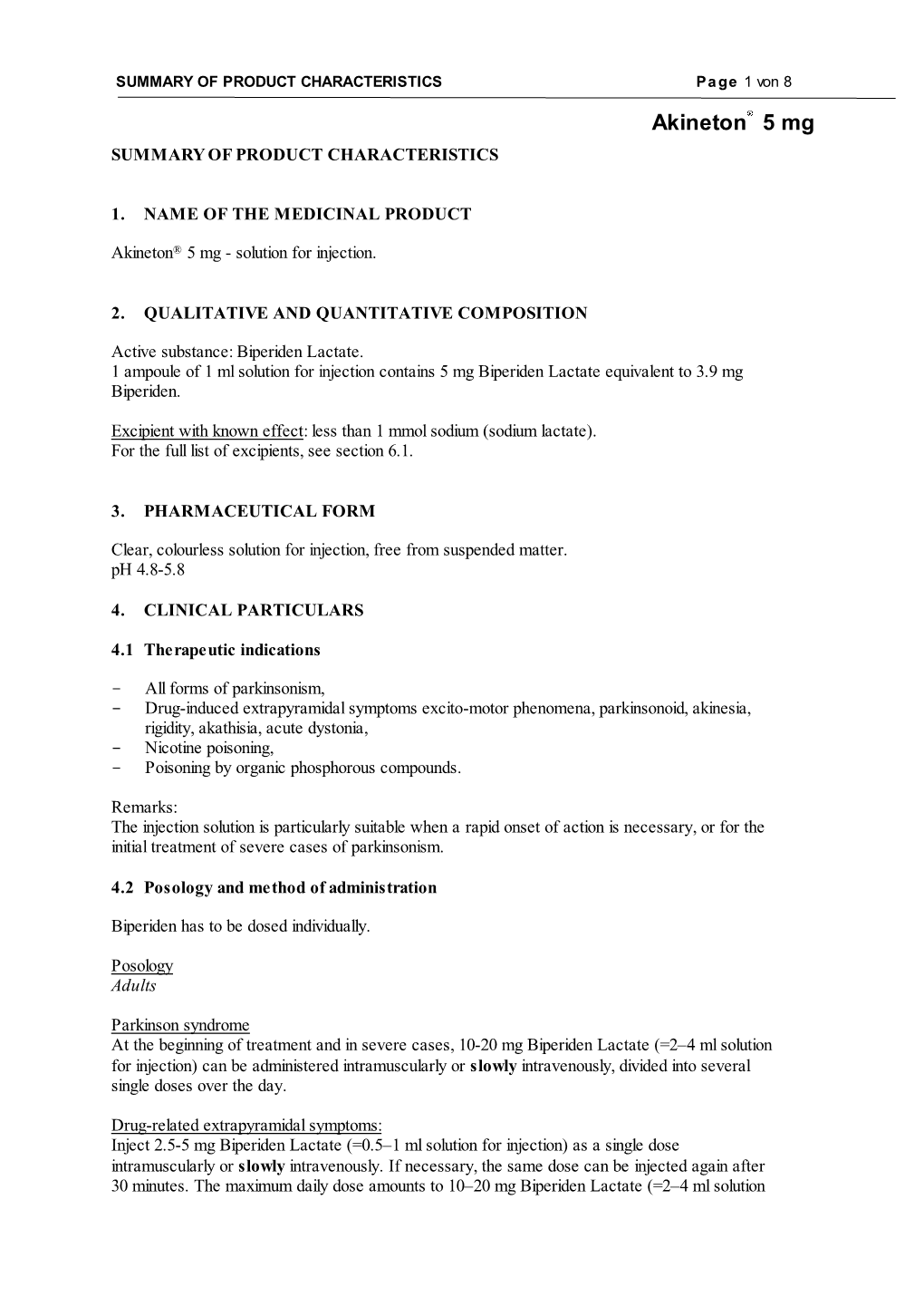 Akineton 5 Mg SUMMARY of PRODUCT CHARACTERISTICS