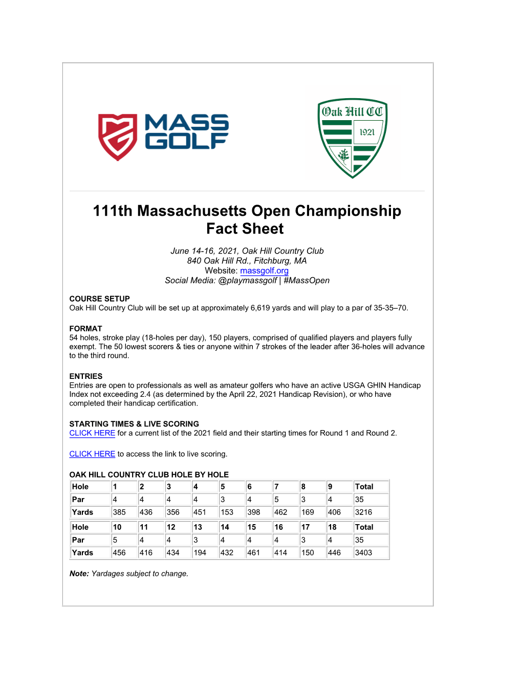 111Th Massachusetts Open Championship Fact Sheet