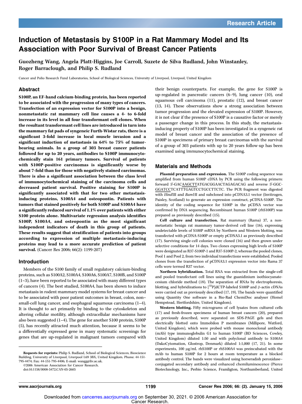 Induction of Metastasis by S100P in a Rat Mammary Model and Its Association with Poor Survival of Breast Cancer Patients