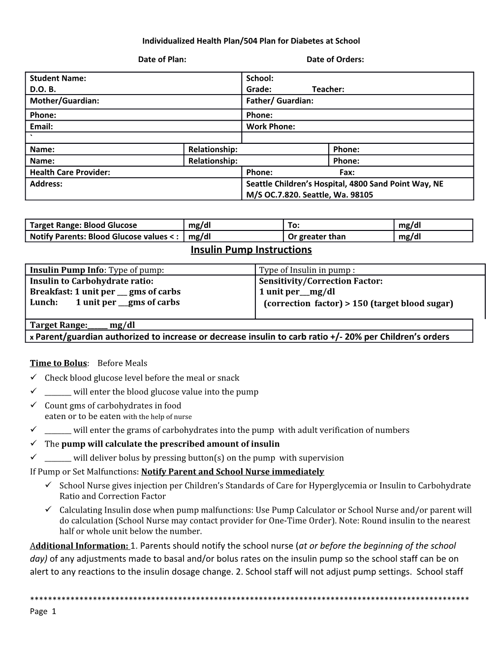 Individualized Health Plan/504 Plan for Diabetes at School