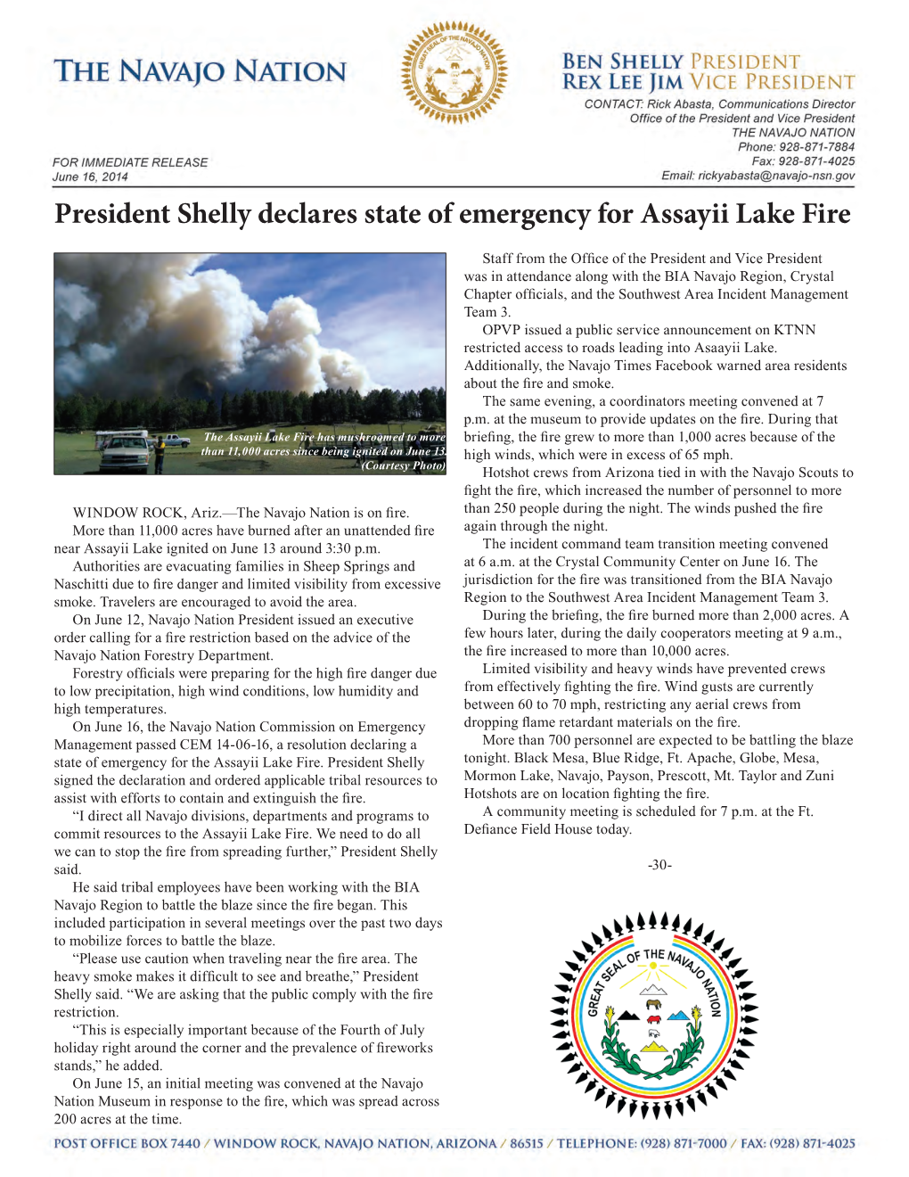 President Shelly Declares State of Emergency for Assayii Lake Fire